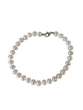 Sterling Silver Knotted Faux White Pearl Bracelet 7.5" Long, L85